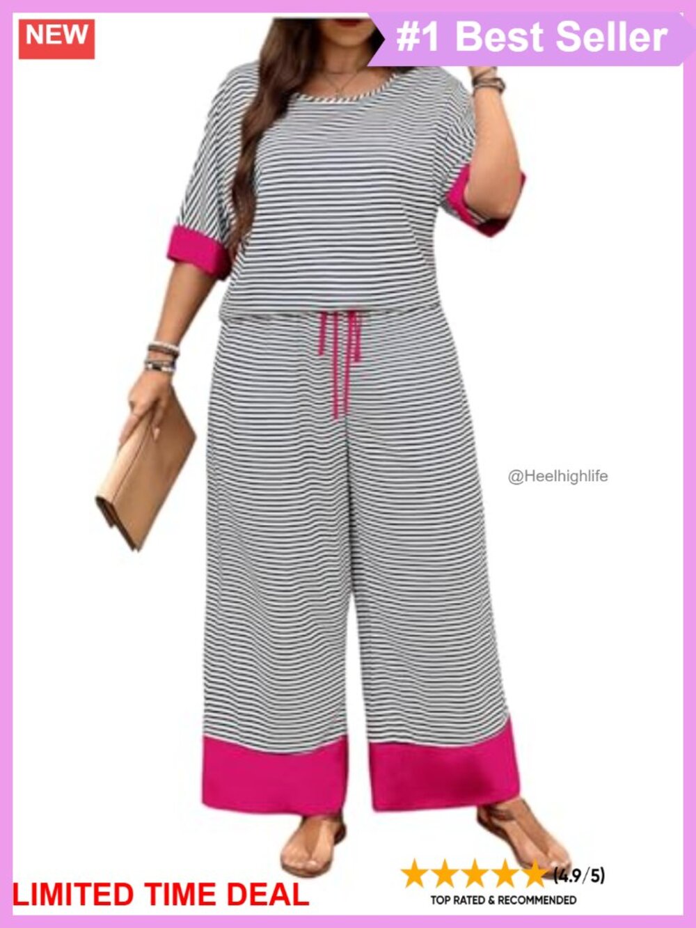 Women's Plus Size Striped 2 Piece Outfit Half Sleeve Tee Wide Leg Pants Set